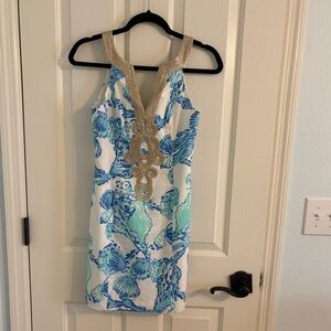 Lilly Pulitzer Emery Barefoot Princess Shift Dress Resort White / Blue 00  EUC